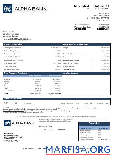 Realistic Cyprus Alpha Bank mortgage statement scr sample
